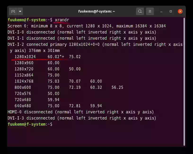 Ubuntu 20.04 LTS上でxrandrコマンドを実行した結果
