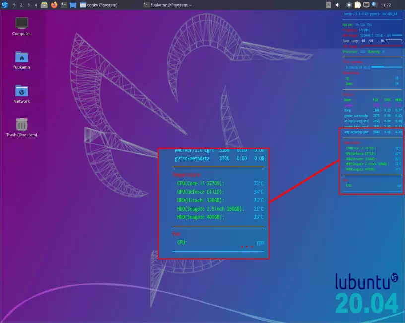 Lubuntu 20.04LTS デスクトップ上の Conky