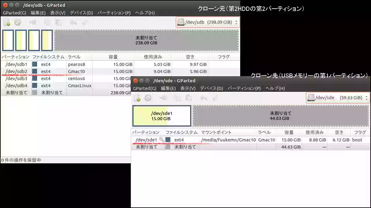 HDDとUSBメモリーのGPartedの画像