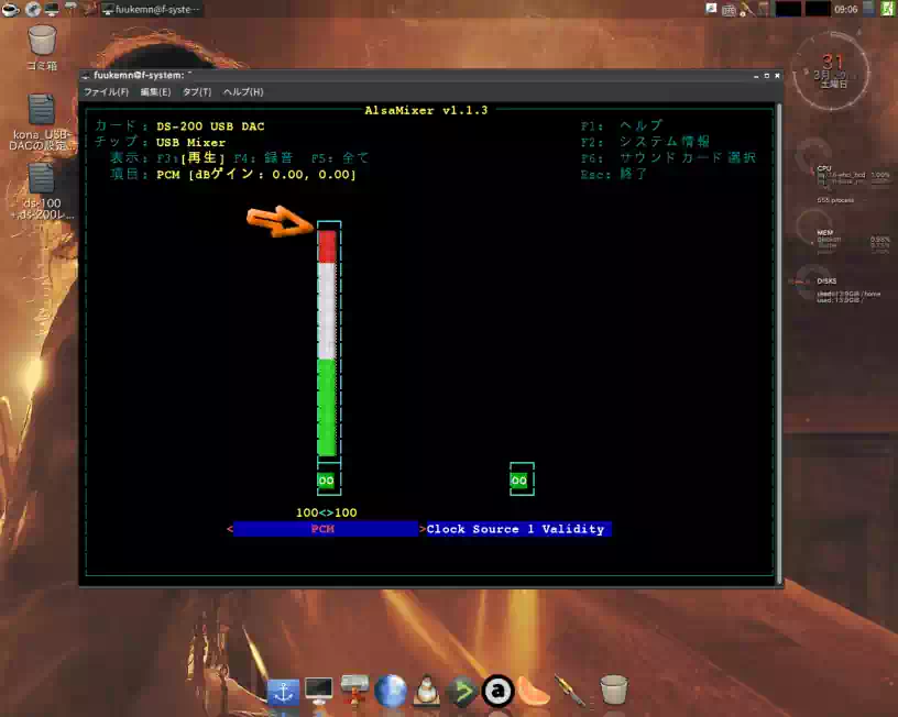 ALSAミキサー音量を MAX（100）にした画像