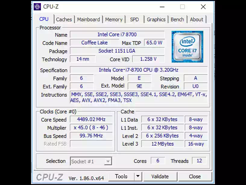 Core i7-8700のCPU-Zの画像