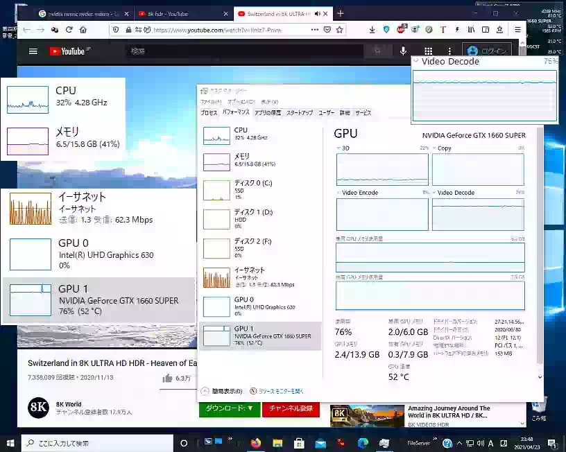 8K動画再生時のタスクマネージャー
