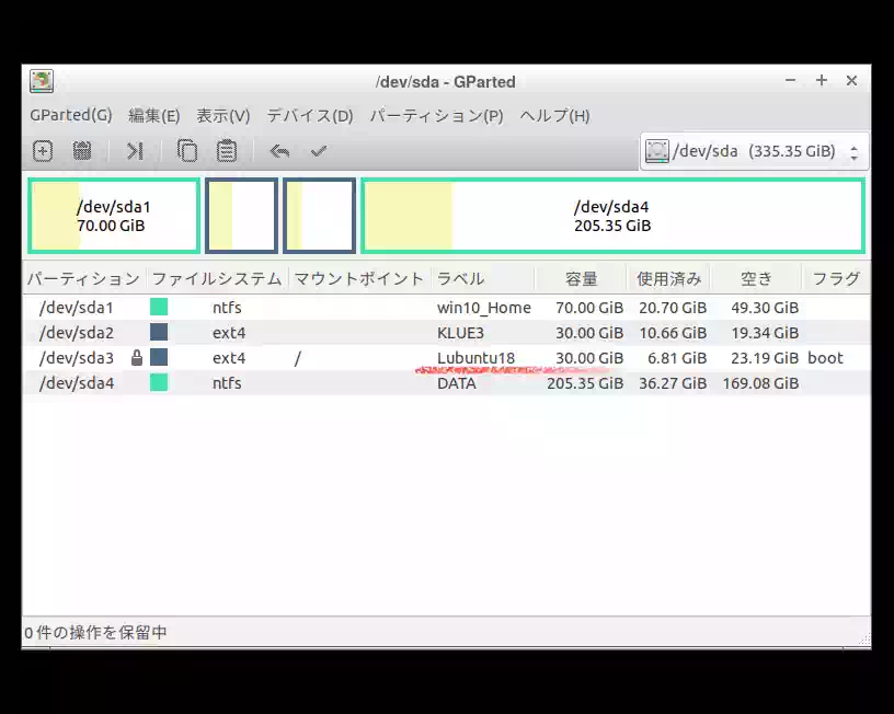GPartedで見たパーティションの画像