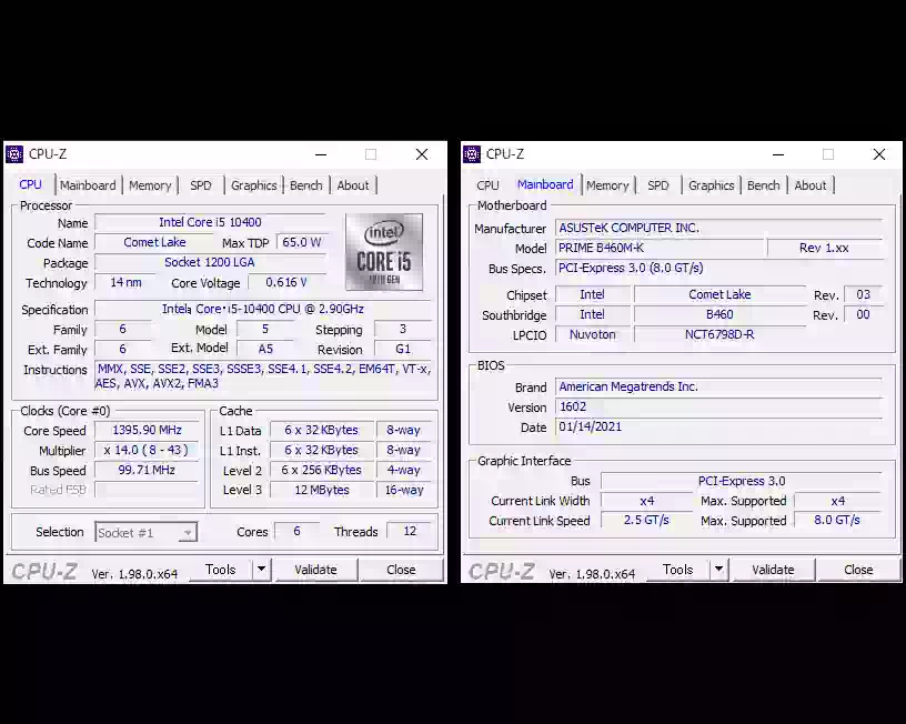 CPU-Zで見たIntel Core ii5-10400の仕様