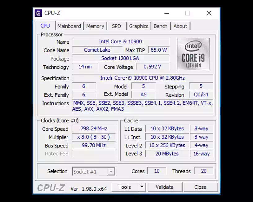 CPU-Zで見たIntel Core i9-10900の仕様