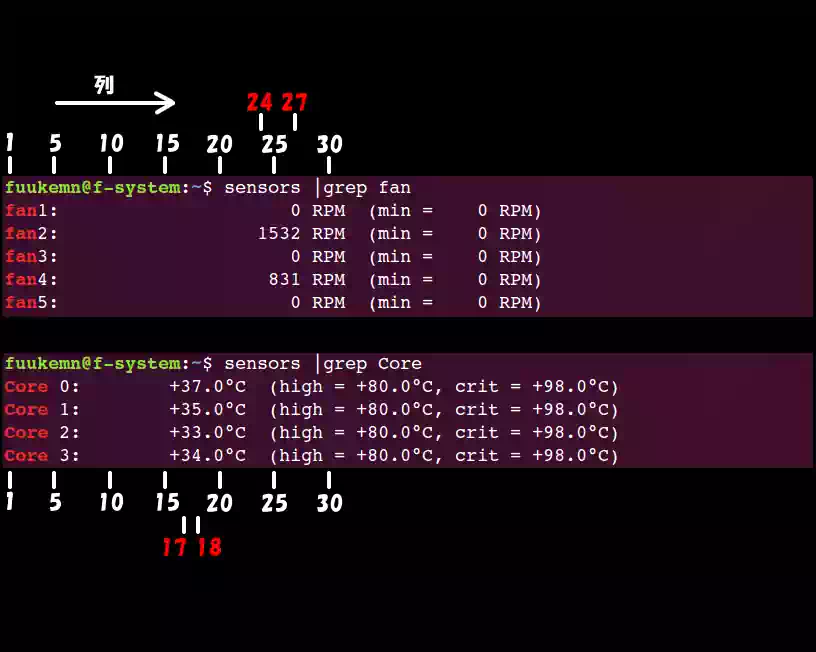sensors結果の列の数え方の画像