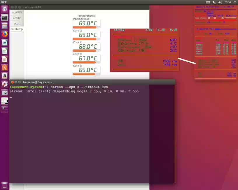CPU負荷実行中のXSensors , Conky , 端末の画像