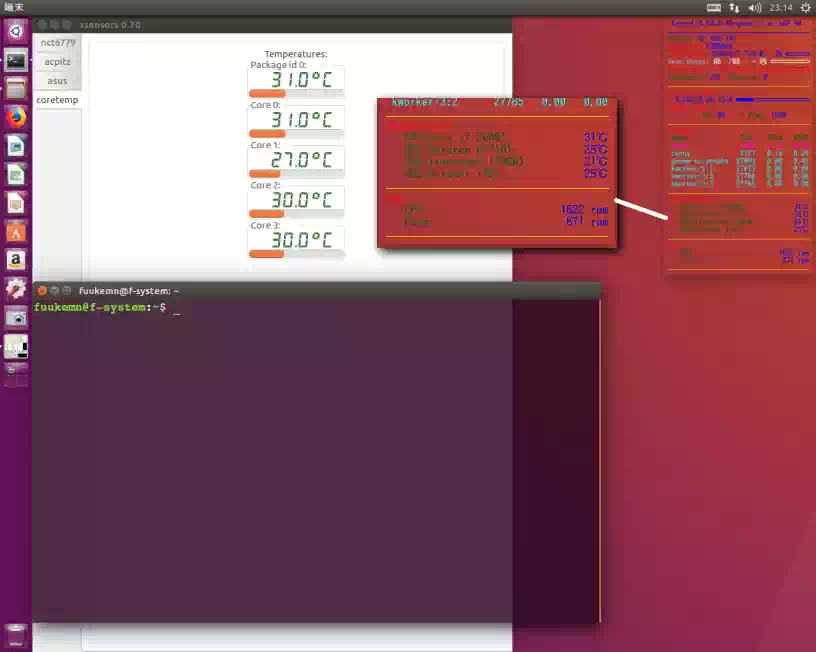 CPU無負荷時のXSensors , Conky , 端末の画像