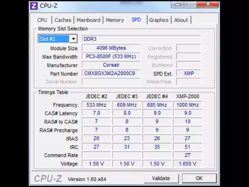 CORSAIR XMS3 メモリーのCPU-Zの画像
