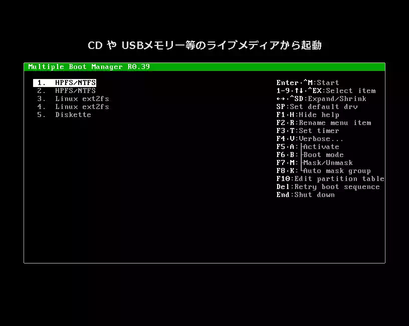 CDや USBメモリー等のライブメディアから起動した時の画像