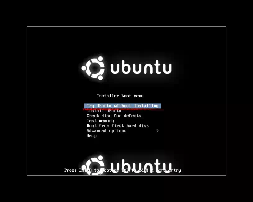 Ubuntuのインストーラーブートメニューの画像