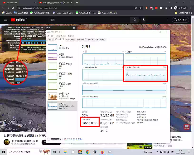 Chrome 8K動画再生時のタスクマネージャー